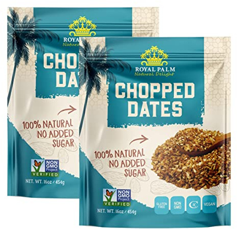 Royal Palm Chopped Dates - 100% Natural & Pitted, Non-GMO, Kosher, No Added Sugar, Dried Fruit – Ideal for Baking, Cooking, & Snacking (16 oz (2 Pack))