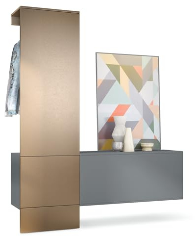 Vladon Carlton Hallway Set 4, Hallway Storage Set with 1 Coat Rack Panel, 1 Cabinet, anthracite matt/bronze look (156,5 x 193 x 35 cm)