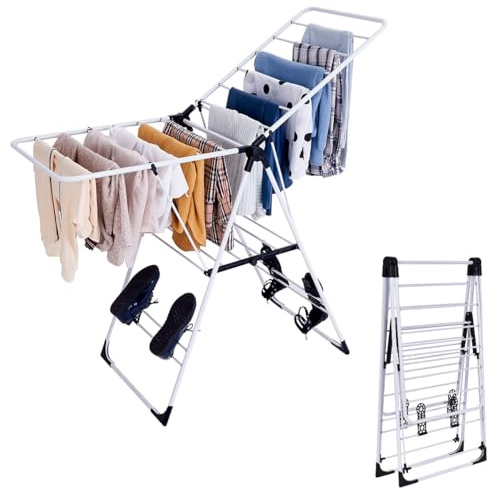 GIANTEX Sèche-linge pliable, sèche-linge debout avec double aile réglable, étendoir à linge à ailes portable en acier et plastique, séchoir pour intérieur et extérieur