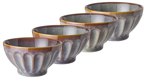 BUTLERS Schüssel 850ml 4er Set Salatschüssel BERGAMO Steinzeug Geschirr Bowl-Schüssel | Servierschüssel Obstschale Teller tief | Geriffelt & mediterran | Mikrowellen- & spülmaschinenfest