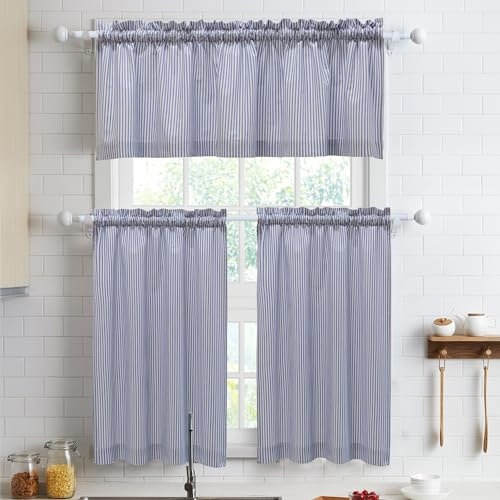 July Joy 3-teilige Baumwoll-Stufenvorhänge, 91,4 cm lang, Landhaus-Küchenvorhänge, Stangentasche für kleines Fenster, Badezimmer, Bauernhaus, 142,2 x 91,4 cm, Marineblau