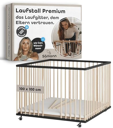 Sämann Laufstall Baby mit 3 Schlupfsprossen | TÜV geprüft | stufenlos höhenverstellbar | Laufgitter Premium | Babybett aus Holz | Krabbelgitter (schwarz/natur, 100x100 cm)