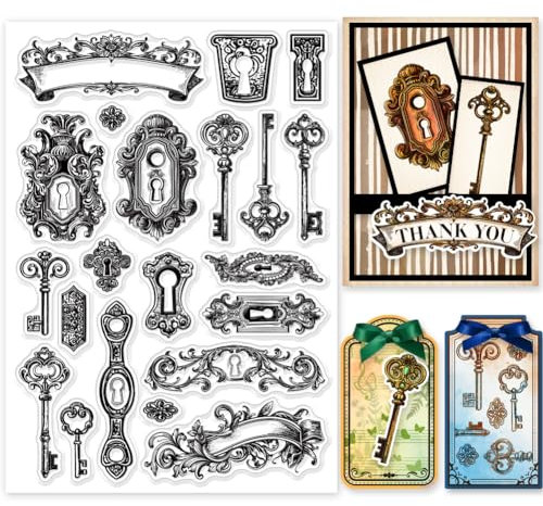 GLOBLELAND Vintage Schlossschlüssel Stempel Retro Türschloss Stempel Barock Türschlüssel Silikonstempel Für DIY Scrapbooking Fotoalbum Dekorative Karten Heimdekoration 8.27x5.83zoll
