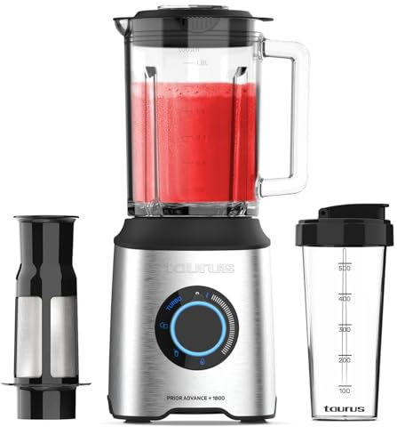 Taurus - Batidora de Vaso PRIOR ADVANCE+ 1800 | 1800W | 20 Velocidades TURBO + 4 Funciones| Picahielo | Smoothie | Apto para Lavavajillas | 6 Cuchillas | Filtro Antipulpa + Vaso Transporte | BPA Free