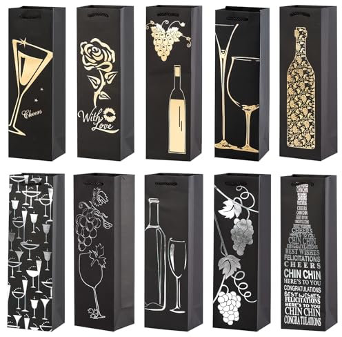 HYran 10 Stück Geschenktüten für Weinflaschen, Weinflaschen Verpackung, Champagner Geschenktasche für Weihnachten, Premium Geschenktüten für Wein, Schwarze Wein Geschenkbeutel