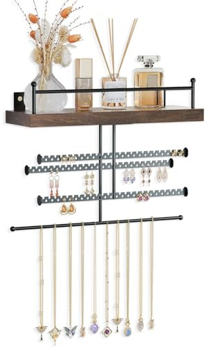 Lolalet Hanging Earring Holder, Earring Wall Mount Wall Holder Jewelry Hanger Display Rack for Earrings Necklaces Bracelets with Rustic Wood Stand Easy to Install -Brown