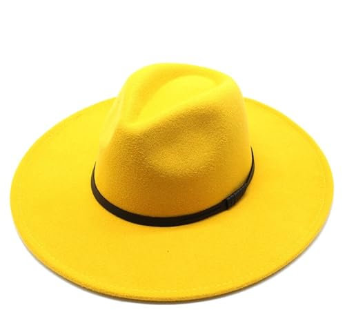 Woll-Jazzhut, 9,5 cm, große Krempe, pfirsichfarbener Zylinder, Ledergürtel, dekorativer Filzhut(Gelb)