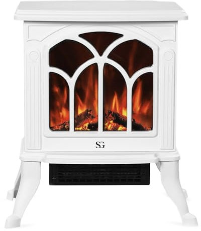 SG Traders Electric Fireplace Stove Heater - 1500W Electric Stove with Wood Burner Effect for Living Room, 3D Flame, electrifying fireplace, 2 Heat Settings, Adjustable Thermostat, L41xW21xH46cm-WHITE