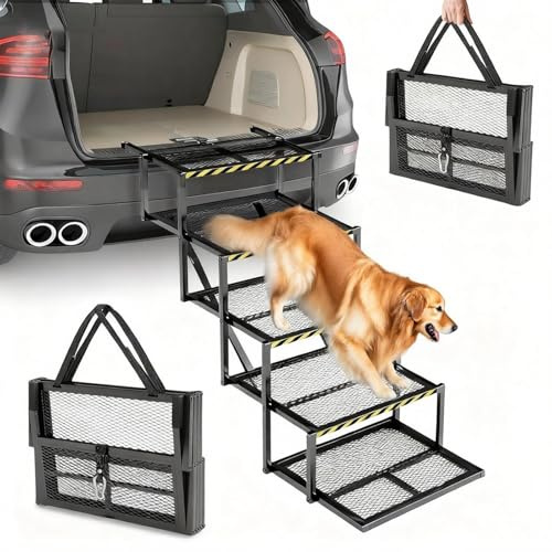 Rampa para Perros, Escaleras Perros 5 Peldaños Rampa Plegable Coche Perros Pequeños Medianos Y Grandes Escaleras Antideslizantes para Camiones Y SUV Soporta hasta 100Kg 35-90cm Altura Ajustable