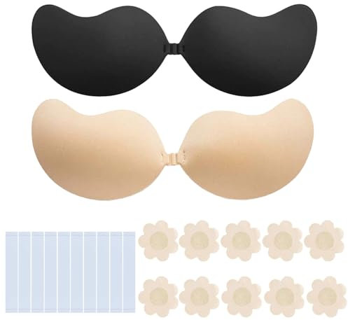 MUNSKT Sticky Push Up Bras Set in 2 Colors, Breathable & Strapless with Nipple Pads and Protective Sticker, Ideal for Party Dress Up (UK, Cup & Band, B, Standard, Black & Skin)