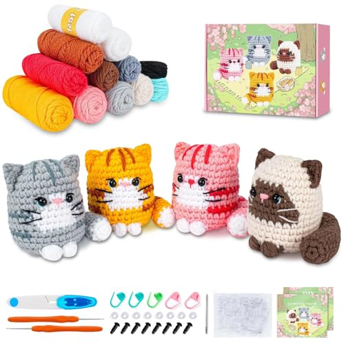 KUWUNG Crochet Kits for Beginners Adults, Cat Crochet Set, Complete Animal Crochet Kit with Step-by-Step Video Tutorials, Kit Kitten Crochet Bag Kit, Beginners Crochet Kit