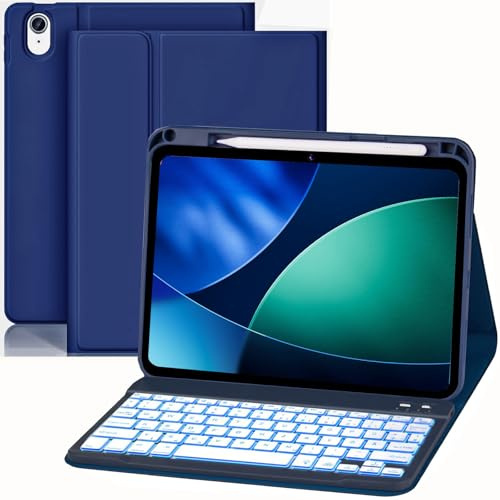 WALWALO Funda con teclado para iPad A16 11 generación 2025/10 generación 2022 (11/10.9 pulgadas) - 7 teclado desmontable magnético iluminado para iPad 11./10.ª generación (azul oscuro)