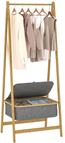 HOMCOM Burro Ropa de Bambú con Cesta de Tela con Tapa, Perchero Burro Ropa Plegable, Perchero para Recibidor, Entrada, Dormitorio, 60x44,5x157,5 cm, Natural y Gris