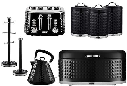 GEEPAS Pyramid Kettle, 4 Slice Bread Toaster, Set of 3 Tea Coffee Sugar Canister, Bread Bin, Mug Tree & Towel Pole Set of 8 Piece Matching Kitchen Counter Storage Space Saver Set | Argyle Black