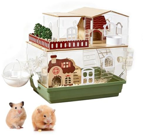 12-in-1 Acryl-Hamsterkäfig im Gartendesign 35 × 26 × 37 cm – Transparent, Mehrstöckig, inkl. Holzvilla, Laufrad, Tunnel, Trinkflasche, Badehäuschen & Spiel-Zubehör (2 Ebenen)