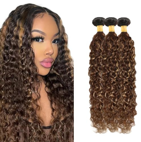 Tuheerst P4/30 Highlight Brown Color Human Hair Bundles Water Wave 28 30 32 Inch Double Weft Weave No Shedding Virgin Human Hair Extension For Woman Bundle/50g Total 150g