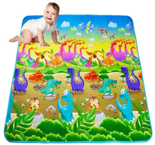 Baby Play Mat Foldable Non-Slip Playmat Baby Crawling Mat Soft Thick Baby Play Floor Mat with Colorful Dinosaur Patterns for Sensory Learning Animals Gift Toy 180x 120cm