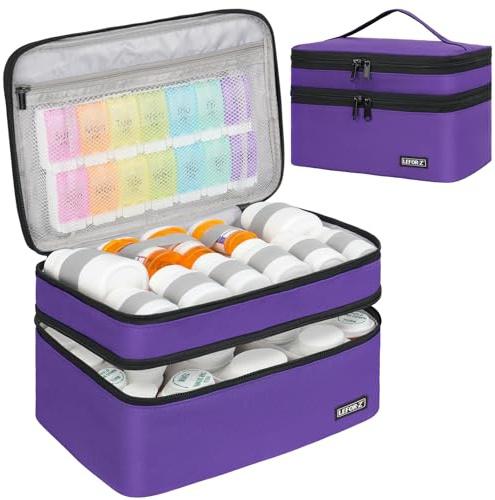 LEFOR·Z Medicine Storage Bag,Double Layers Pill Bottle Organizer Bag Empty with Lockable Zipper&Adjustable Divider,Medication Travel Carrying Bag for Pills,Vitamins,Medical Supplies,Purple