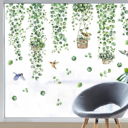 Joeyan Spring Summer Window Clings Eucalyptus Birds Glass Stickers Plant Hanging Vine Green Leaf Reusable Decals Decorations Large Window Privacy Film for Wedding Party Home Office Decor Supplies