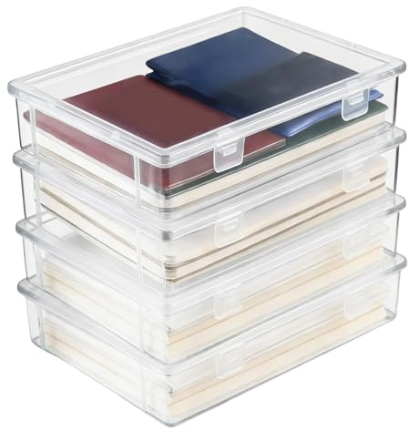 SNSYGN 4 scatole portaoggetti piatte impilabili con coperchio, 23 x 17 x 5 cm, scatole di plastica portatili con chiusura a scatto, per carta, cancelleria, cosmetici, utensili