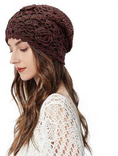 ZLYC Bomull stickade mössor handgjord virkad mössa slouch beanie mössa, Enfärgad brun, one size