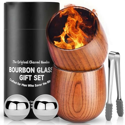 Juego de 2 vasos de whisky de madera carbonizada, vidrio carbonizado antiguo con 2 piedras de acero inoxidable y clip, regalos únicos hechos a mano para hombres, papá, aniversario, 8.8 onzas