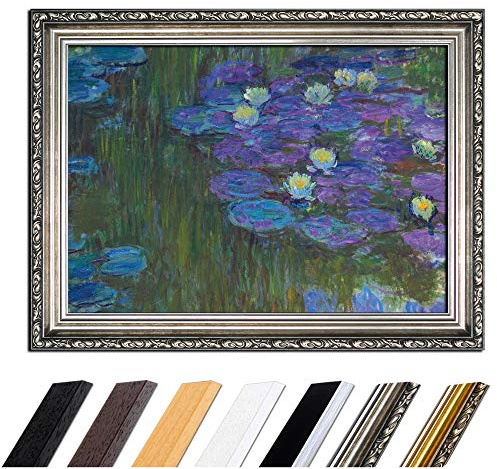 Bilderdepot24 Bild mit Rahmen - Claude Monet Seerosen in voller Blüte 50x40 cm - Gerahmtes Leinwandbild Alte Meister - Antiker Rahmen Silber Barock, Klassisch