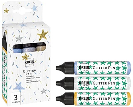 KREUL 49840 - Glitter Pen Set de 3, colores efecto purpurina en un práctico bolígrafo de 29 ml, para decorar, etiquetar y decorar una amplia gama de materiales, a base de agua