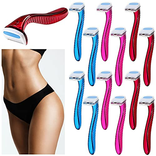 Honoson Lot de 12 rasoirs jetables pour bikini pour femme - Rasoir de type T - Accessoires de voyage durables - Pour épilation du corps - Outil cosmétique (bleu foncé, rose, rose foncé)