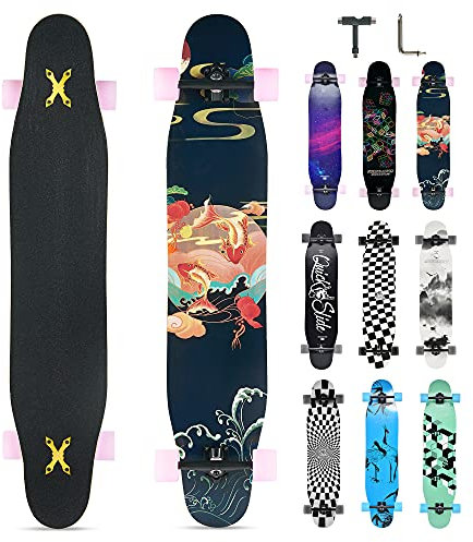 Opurtdor Longboard 118CM Profi Skateboard Komplettes Cruiser Trick 8 Etagen Ahornholz Wood Schwarzes Longboard für Anfänger Erwachsene Teens Mädchen Jungen (Karpfen)