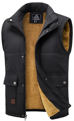 MAGCOMSEN Men's Winter Warm Outdoor Padded Puffer Vest Fur Vests Thick Fleece Lined Sleeveless Jacket Black Small