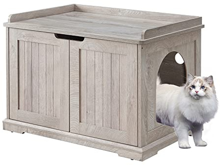 unipaws Muebles de caja de arena para gatos, cubierta de bandeja de arena de madera, banco de almacenamiento resistente para baño, casa para gatos interior, gris desgastado