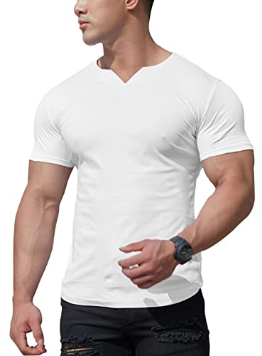 YCHSXAIZ T-Shirts athlétiques en Maille pour Hommes avec col en V Fendu pour la Musculation d'entraînement de Gym White M
