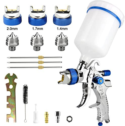 Vanwoke Pistola a Spruzzo,HVLP Pistola Verniciatura Professionale, Aria Alimentazione a gravità Kit Pistola Pneumatica per Vernice,Contenitore 600CC Aerografo,3 Ugelli 1.4mm 1.7mm 2.0mm(Blu)
