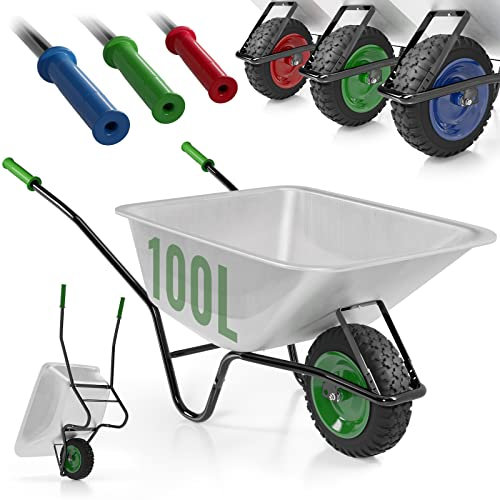 TIMBERTECH® Carriola - 100l, Carico Massimo 210kg, Vasca Zincata, Ruota Pneumatica, Telaio in Acciaio, Colore a Scelta- Carriola da Giardino, Cantiere, a Spinta, Galvanizzata, per Calcestruzzo (Verde)