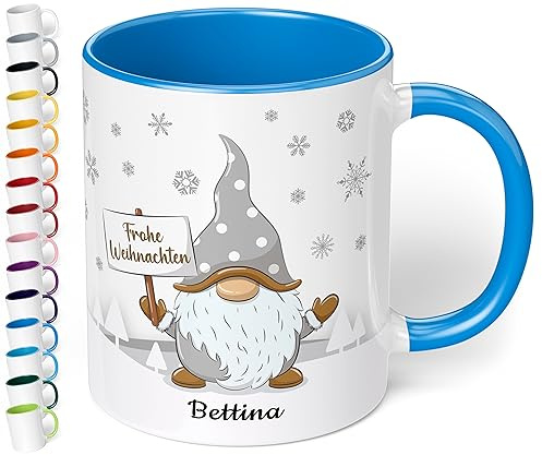Weihnachtstasse mit Namen „Frohe Weihnachten“ - mit Gold-Wichtel-Motiv - 330ml - personalisierter Keramik Kaffee-Becher mit Spruch – individuelles Geschenk zu Weihnachten (Cambridge Blau)