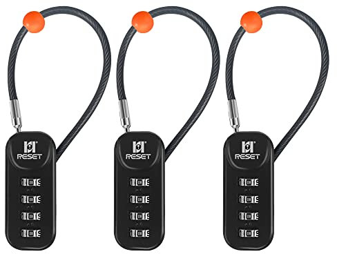 RESET-192 4-stelliges Zahlenschloss mit 10 cm (4 Zoll) Kabel, Reiseschloss für Gepäck, Koffer, Gepäck, Rucksack, Werkzeugkasten, Koffer, Schwarz, 3er-Pack