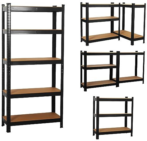 COZYBRITE Garage Shelving Units 5 Tier Heavy Duty Shed Storage Racking Shelf Metal Boltless 875kg Capacity 175kg Per Shelf for Warehouse Workshop Office (Black, 90x40x180cm)