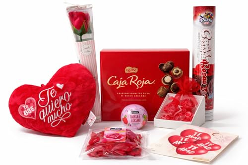 FAMILYCOM. Cesta regalo caja roja. Surtido con Chocolates originales de regalo. Bombones Ferrero Rocher. Peluche corazon, Rosa de Amor, Pluma Masaje, Cava ,Velas. San Valentin