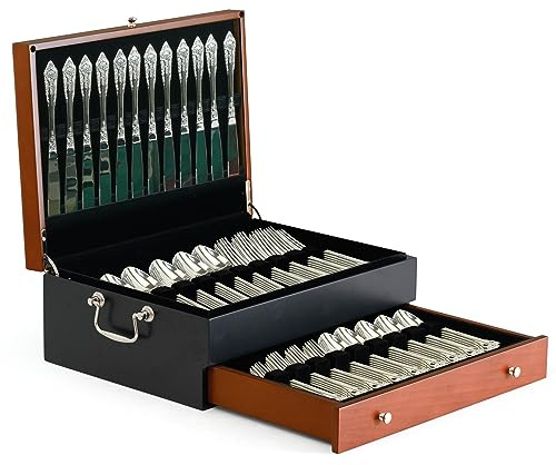 boldworks Silverware Storage Box Silverware Chest Case for Silver Flatware with Lid Tarnish Proof Felt Lined Partition and Drawer Holds Service for 14 Includes Polishing Cloth
