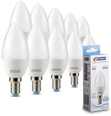E-QUICKLY lampadine led e14-5w equivalenti a 40w, led luce fredda 6000k, lampadina candela, e14 lampadine attacco piccolo. 450 lumen a basso consumo, lampadina led e14 a risparmio energetico, 10PZ