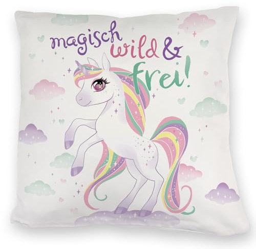 Einhorn Kuschelkissen mit Spruch Magisch wild und frei EIN magisches DekoKuschelkissen für das Kinderzimmer Kindergeburtstag Zauber Magie Märchen Sprüche Glitzer Pferd Mädchen