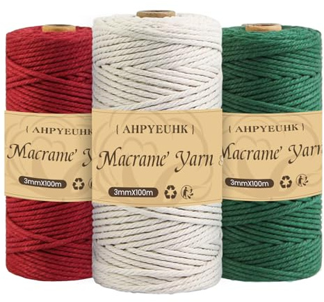 Makramee Garn 3mm X 100m,3 Stuck Makramee Baumwollgarn Baumwollschnur Natur Bastelschnur Makramee Zubehör Für DIY Basteln Stricken, Boho Wandbehang Deko,Traumfänger (Dunkelgrün + Beige + Weinrot)
