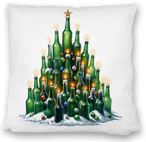 speecheese Weihnachtsbaum aus Bierflaschen Kissen satiniert Originelles WeihnachtsKissen satiniert für Bierliebhaber, Biergeschenk mit Kerzenbaum-Motiv
