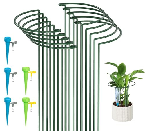 KAZITOO 10 Stück große 50cm hohe Bogen Pflanze Stützpfähle, 4mm starker Metallgarten unterstützt grüne halbrunde Blume Reifen mit 5 Selbst Gießspitzen für Pfingstrosen, Hortensien, Monstera