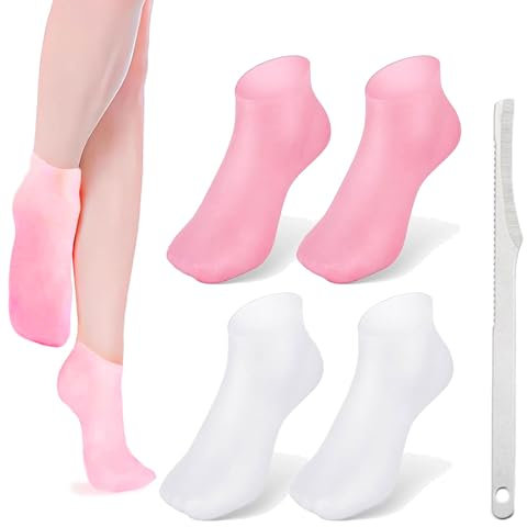 Silikon Feuchtigkeitssocken,Silikonsocken Für Füße,Silikon Socken,Fußmaske,Fussmaske Socken,Anti-Rutsch Fußpflege,Feuchtigkeitsspendende Socken,Spa Gel Socken Für Trockene Rissige Füße (Rosa und Weiß)