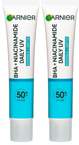 Garnier PureActive Gesichtsflüssigkeit gegen Unvollkommenheiten, UV-Schutz, für den Alltag, mattierend mit BHA und Niacinamid, sehr hoher Schutz, LSF 50+, 2 Flaschen à 40 ml