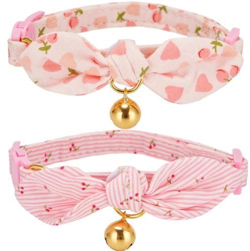 YUDOTE Weiches Baumwoll-Katzenhalsband mit Abnehmbarer handgebundener Fliege, 2er Pack Kätzchenhalsbänder mit Schnellverschluss und Glocke für weibliche Katzen zum Anziehen,Rosa Kirsche