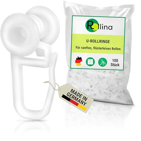 Rollina U-Rollringe (100 Stück) ⌀ 10mm Gardinenhaken für Schienen mit 4mm Innenlauf-Kanal | Gardinenrollen für U Schiene | Laufrollen | Vorhang Haken