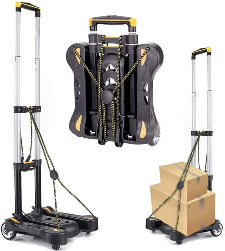 Folding Luggage Cart, Hand Truck 4 Wheels with Elastic Ropes, Foldable Aluminum Utility Dolly Platform Cart, Compact and Portable Trolley for Moving Luggage, Backpack, Travel Moving and Office Use